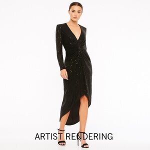 Mac Duggal Sequin Twist-Front Midi Dress — Black,‎ Size 10, NWT, Black Tie